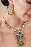 Shop Ekathva Jaipur Emerald Green Stones, Beads Polki Necklace And Earring Set at Aza Fashions Shop_Ekathva Jaipur_Emerald Green Stones, Beads Polki Necklace And Earring Set_at_Aza_Fashions