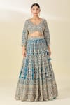 Azeera_Blue Silk, Chiffon Tassels V-neck Cutdana Embroidered Peacock Lehenga Set _Online_at_Aza_Fashions