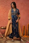 Buy_Shivani Bhargava_Blue Anarkali And Dupatta Chanderi Print Sequin V Neck Embroidered Set _at_Aza_Fashions