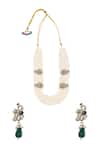 Shop_Moh-Maya By Disha Khatri_Emerald Green Pearls, Crystals Moissanite Zirconia Layered Necklace Set _at_Aza_Fashions