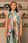 Zilaire_Multi Color Satin Halter Neck Asymmetric Hem Tropical Print Dress _Online_at_Aza_Fashions