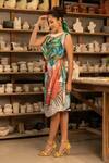 Zilaire_Multi Color Satin Embroidery Cowl Neck Tropical Print Midi Dress _Online_at_Aza_Fashions