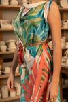 Buy_Zilaire_Multi Color Satin Embroidery Cowl Neck Tropical Print Midi Dress _Online_at_Aza_Fashions
