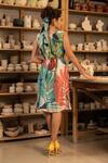 Shop_Zilaire_Multi Color Satin Embroidery Cowl Neck Tropical Print Midi Dress _at_Aza_Fashions