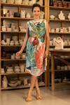 Buy_Zilaire_Multi Color Satin Embroidery Cowl Neck Tropical Print Midi Dress _at_Aza_Fashions
