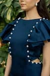 Zilaire_Blue Cotton Pearls Boat Neck Embellished Flutter Sleeve Dress _Online_at_Aza_Fashions