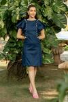 Buy_Zilaire_Blue Cotton Pearls Boat Neck Embellished Flutter Sleeve Dress _at_Aza_Fashions