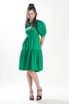 Buy_Zilaire_Green Cotton Embroidery Round Neck Puff Sleeve Tiered Dress _Online_at_Aza_Fashions