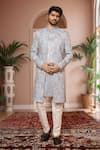 Shop_Arihant Rai Sinha_Gray Denim Sequins Geometric Embroidered Sherwani And Aligadhi Pant _at_Aza_Fashions