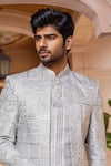 Arihant Rai Sinha_Gray Denim Sequins Geometric Embroidered Sherwani And Aligadhi Pant _Online_at_Aza_Fashions