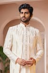 Arihant Rai Sinha_Cream Silk, Faux Leather Sequins, Embroidery Leaf Sherwani Set_Online_at_Aza_Fashions