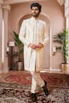 Buy_Arihant Rai Sinha_Cream Silk, Faux Leather Sequins, Embroidery Leaf Sherwani Set_at_Aza_Fashions