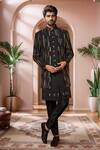 Buy_Arihant Rai Sinha_Black Silk Sequins, Embroidery Leaf Stripe Sherwani Set _at_Aza_Fashions