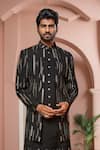 Arihant Rai Sinha_Black Silk Sequins, Embroidery Leaf Stripe Sherwani Set _Online_at_Aza_Fashions