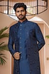 Arihant Rai Sinha_Blue Sherwani And Jacket Art Silk Embroidery Thread Floral Set _Online_at_Aza_Fashions