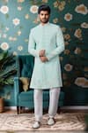 Arihant Rai Sinha_Off White Cotton, Silk, Faux Leather Embroidery Flora Jaal Sherwani And Churidar _Online_at_Aza_Fashions