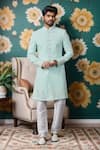 Buy_Arihant Rai Sinha_Off White Cotton, Silk, Faux Leather Embroidery Flora Jaal Sherwani And Churidar _at_Aza_Fashions