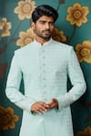 Buy_Arihant Rai Sinha_Off White Cotton, Silk, Faux Leather Embroidery Flora Jaal Sherwani And Churidar _Online_at_Aza_Fashions