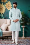 Buy_Arihant Rai Sinha_Off White Cotton, Silk Sequins Blue Jaal Embroidered Sherwani Set _at_Aza_Fashions