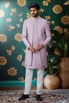 Buy_Arihant Rai Sinha_Purple Silk, Cotton Embroidery Jaali Bloom Layered Sherwani And Aligadhi Pant _Online_at_Aza_Fashions