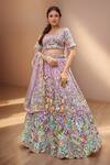 Buy_Samyukta Singhania_Purple Net, Linen Sequins, Stones, Embroidery, Beads Floral Garden Lehenga Set_at_Aza_Fashions