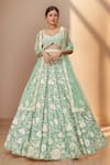 Buy_Samyukta Singhania_Green Polyester, Net Embroidery, Sequins, Zari Floral Applique Lehenga Set _at_Aza_Fashions