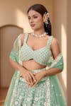 Shop_Samyukta Singhania_Green Polyester, Net Embroidery, Sequins, Zari Floral Applique Lehenga Set _Online_at_Aza_Fashions