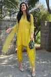 Buy_Surabhi Arya_Yellow Kurta Mul Chanderi Floral Zari Cutwork Sleeves Dhoti Pant Set _Online