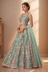 Buy_Samyukta Singhania_Green Net, Linen Sequins, Pearls, Mirrors, Embroidery, Floral Zari Lehenga Set_Online_at_Aza_Fashions