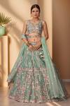 Shop_Samyukta Singhania_Green Net, Linen Sequins, Pearls, Mirrors, Embroidery, Floral Zari Lehenga Set_Online_at_Aza_Fashions