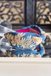 The House of Aqua_Blue Pearls, Sequins, Cut Work Floral Embroidered Denim Headband _Online_at_Aza_Fashions