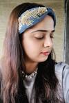 Buy_The House of Aqua_Blue Pearls, Sequins, Cut Work Floral Embroidered Denim Headband _at_Aza_Fashions