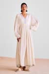 Buy_Cotton And Clay_Off White Modal Embroidery V-neck Stripe Print Kaftan Dress With Scarf _Online_at_Aza_Fashions