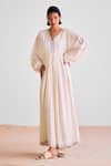 Buy_Cotton And Clay_Off White Modal Embroidery V-neck Stripe Print Kaftan Dress With Scarf _at_Aza_Fashions