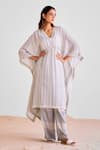 Buy_Cotton And Clay_Off White Modal V-neck Stripe Print Kaftan And Trouser Set _at_Aza_Fashions
