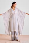 Cotton And Clay_Off White Modal V-neck Stripe Print Kaftan And Trouser Set _at_Aza_Fashions