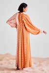 Shop_Cotton And Clay_Peach Modal V-neck Leaf Print Pleated Kaftan Dress _at_Aza_Fashions