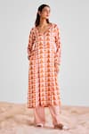 Shop_Cotton And Clay_Peach Modal V-neck Geometric Print Kurta Set _Online_at_Aza_Fashions