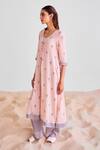 Cotton And Clay_Peach Modal Embroidery Floral Print A-line Kurta Set _Online_at_Aza_Fashions