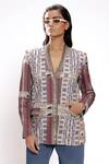 Buy_Doh Tak Keh_Gray Rayon Beads Glass Beadwork Tribal Print Blazer_at_Aza_Fashions