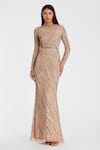 Buy_Mac Duggal_Beige Polyester Sequins, Beads Round Neck Mocha Abstract Embroidered Gown _at_Aza_Fashions