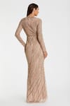 Shop_Mac Duggal_Beige Polyester Sequins, Beads Round Neck Mocha Abstract Embroidered Gown _at_Aza_Fashions