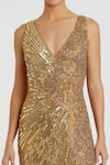 Mac Duggal_Gold Polyester Sequins, Beads, Embroidery V-neck Floral Geometric Gown _Online_at_Aza_Fashions