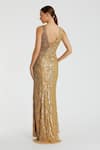 Shop_Mac Duggal_Gold Polyester Sequins, Beads, Embroidery V-neck Floral Geometric Gown _at_Aza_Fashions