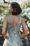 Shop_Mac Duggal_Silver Polyester Sequins, Beads V-neck Floral Embellished Gown _at_Aza_Fashions