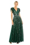 Buy_Mac Duggal_Green Polyester Sequins, Beads V-neck Embellished V Gown With Ruffled Sleeves _at_Aza_Fashions