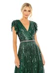 Mac Duggal_Green Polyester Sequins, Beads V-neck Embellished V Gown With Ruffled Sleeves _Online_at_Aza_Fashions
