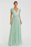 Buy_Mac Duggal_Blue Polyester Embellished Linear V Neck Sea Mist Sequin Gown _at_Aza_Fashions