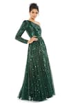 Buy_Mac Duggal_Green Polyester Beads Asymmetric Emerald One Shoulder Sequined Gown _at_Aza_Fashions