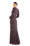 Shop_Mac Duggal_Brown Polyester Embellished Sequins V Neck Mahogany Puff Sleeve Gown _at_Aza_Fashions